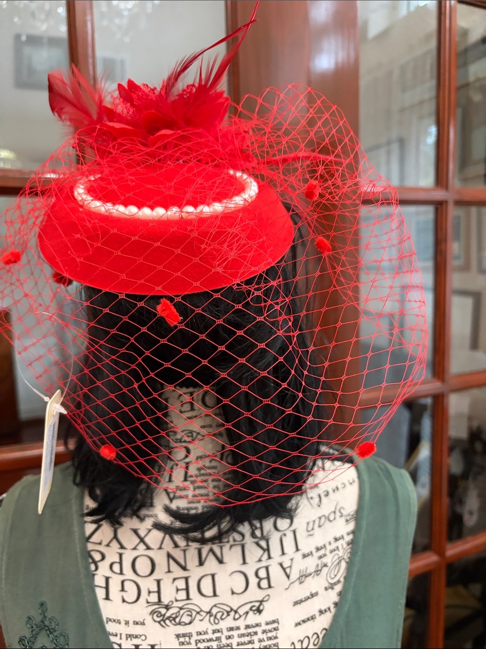 Red Veiled Pillbox Fascinator Hat with Pearl Accent